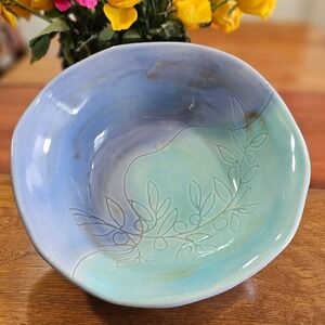 Vintage Italian Art Pottery Centerpiece Bowl Blue Aqua Incised Floral‎ Signed